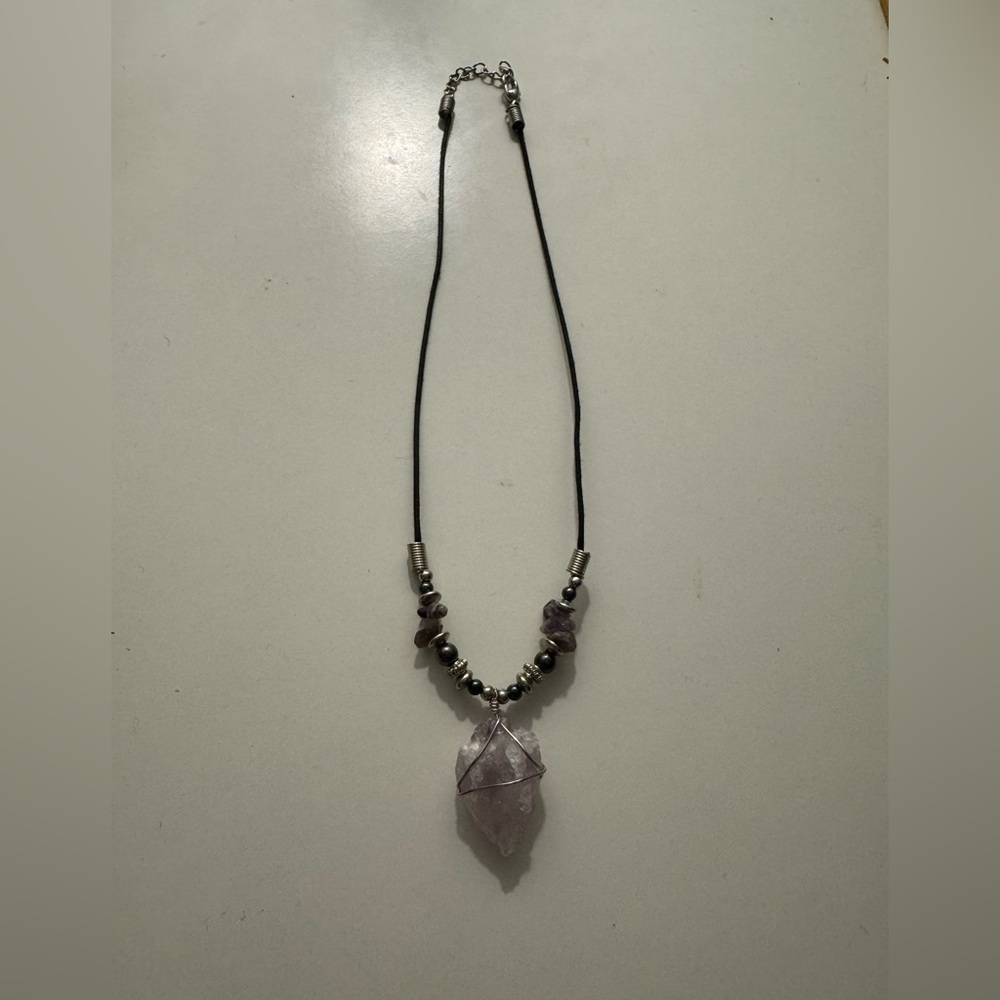 Raw Arrowhead Amethyst Wire Wrapped Pendant with Beaded Accents/Corded Necklace